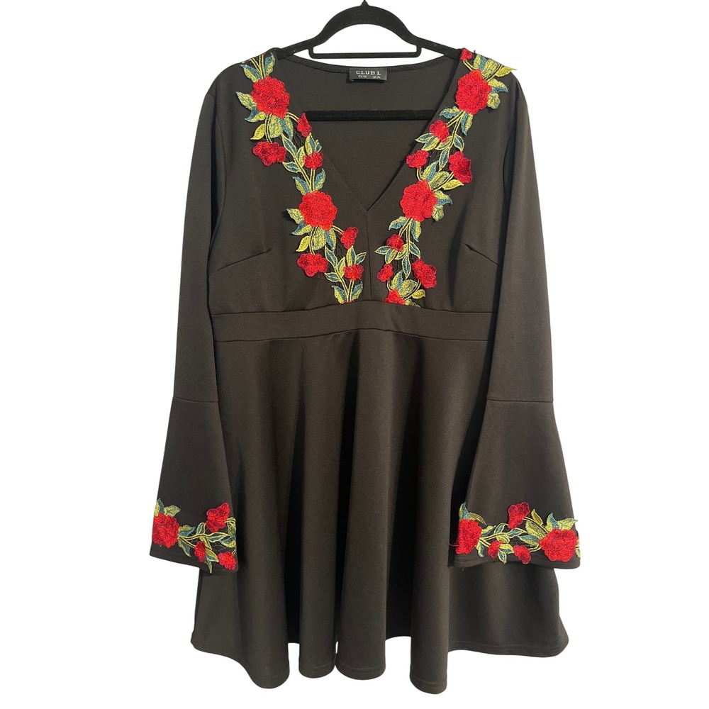 Club L London Black Floral Embroidered V Neck Bell Sleeve Dress Stretch‎ US 22